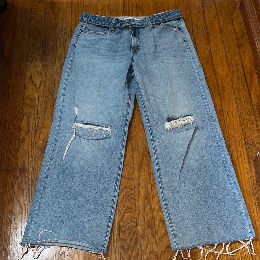 Hidden Fold Over Waist Wide Leg Distressed Denim Blue Jeans Size 30 - Picture 5 of 9